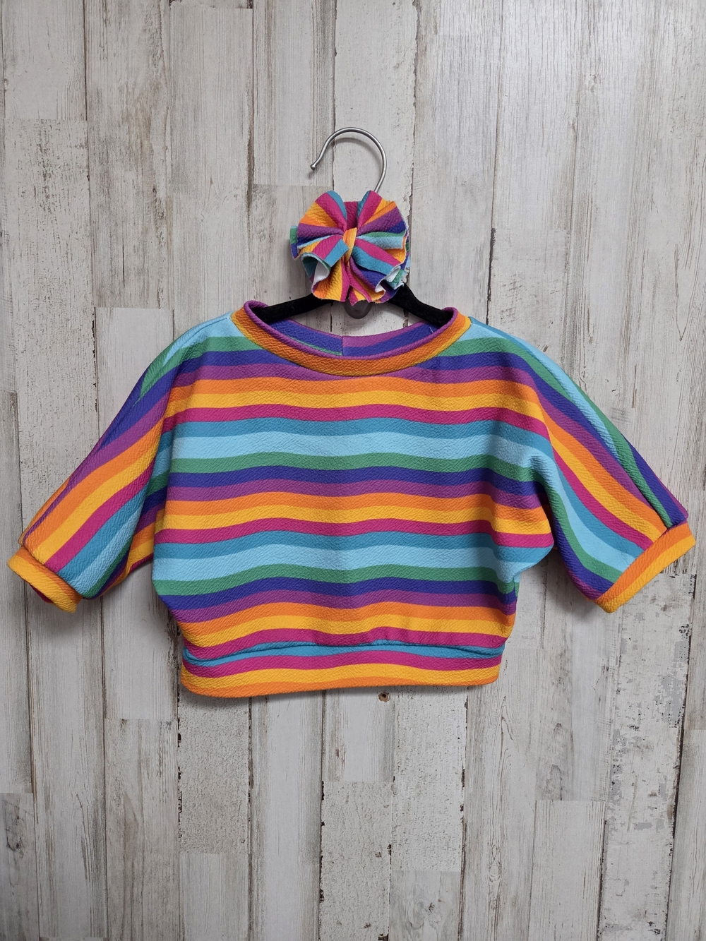 💝 Rainbow Striped Crop Top with Matching Hair Bow 18/24M